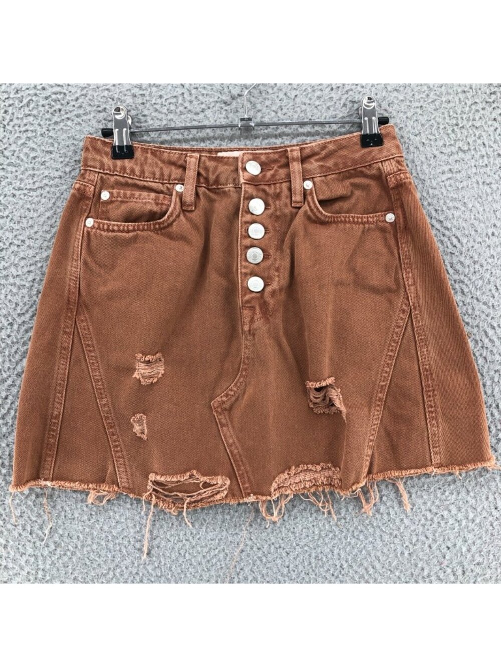 We The Free People Skirt Womens 25 Brown Denim Mini Button Fly Distressed Frayed